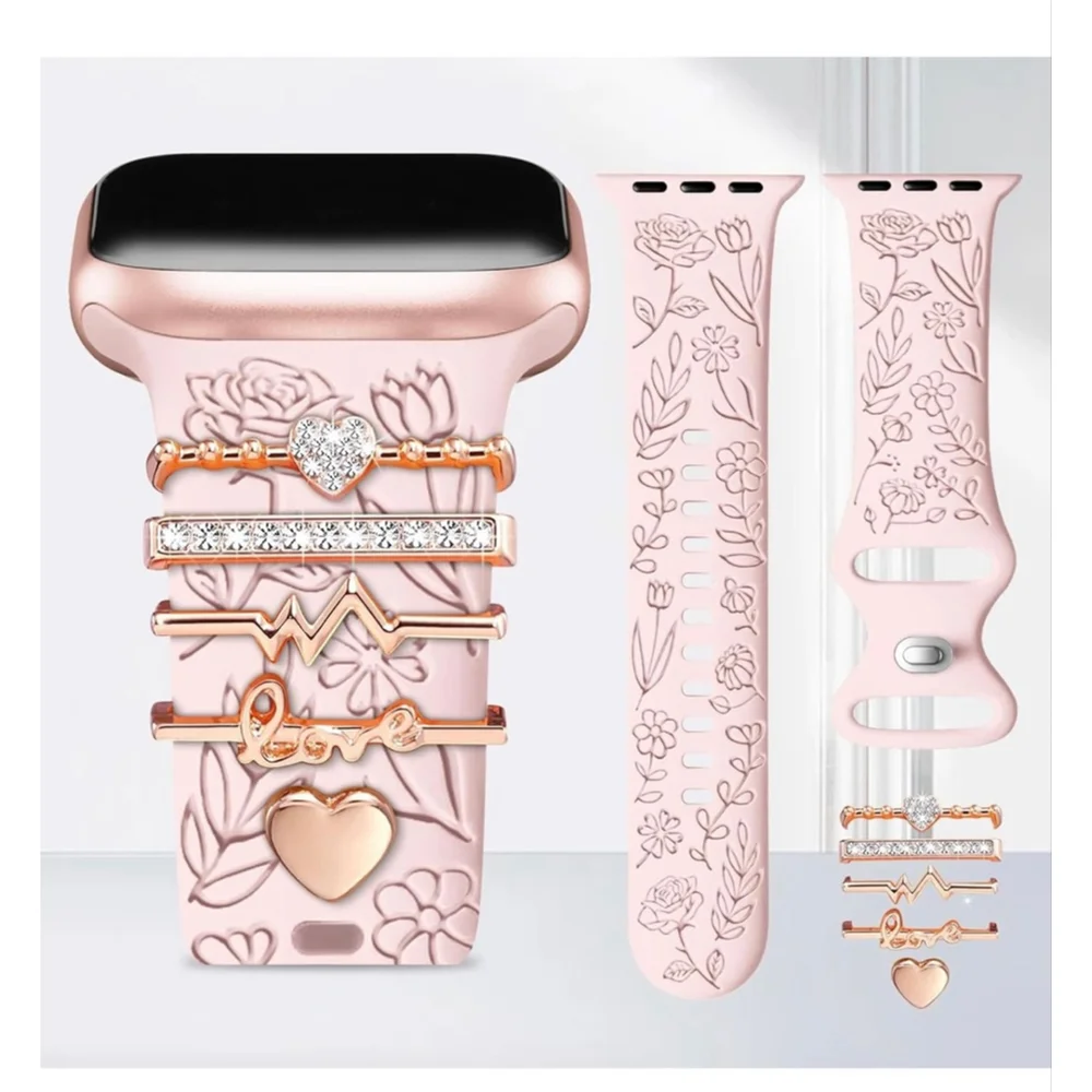 NEW Apple Smartwatch Band Pink Rose Gold Flower Charms Engraved Silicone